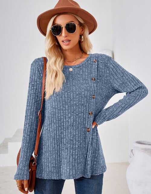 Load image into Gallery viewer, Ribbed Buttoned Round Neck Slit T-Shirt
