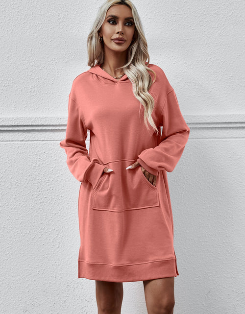 Load image into Gallery viewer, Slit Long Sleeve Hooded Dress with Pocket
