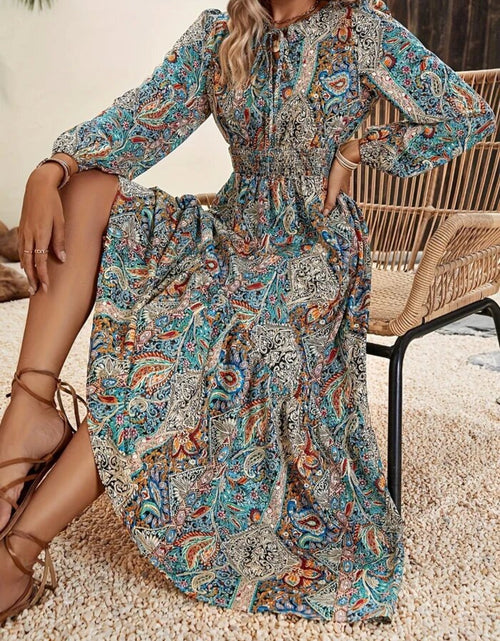 Load image into Gallery viewer, Printed Tie Neck Long Sleeve Maxi Dress
