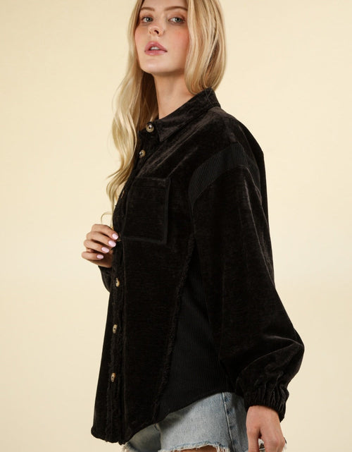 Load image into Gallery viewer, VERY J Mixed Media Button Down Raw Hem Shacket

