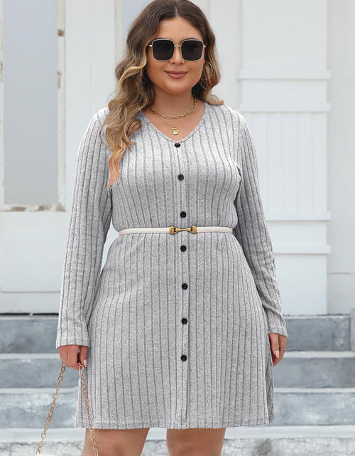 Load image into Gallery viewer, Plus Size Ribbed Buttoned V-Neck Long Sleeve Dress
