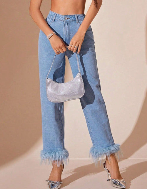 Load image into Gallery viewer, Plush Hem High Rise Straight Jeans
