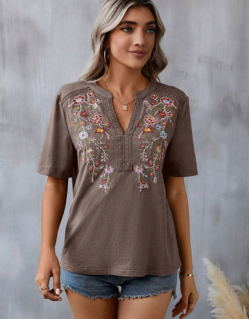 Load image into Gallery viewer, Embroidered Notched Short Sleeve T-Shirt
