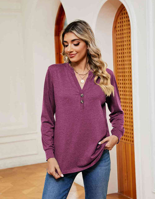Load image into Gallery viewer, Buttoned Notched Neck Long Sleeve Top
