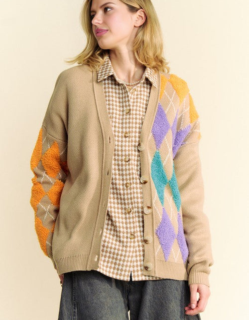 Load image into Gallery viewer, Davi &amp; Dani Argyle V-Neck Dropped Shoulder Cardigan
