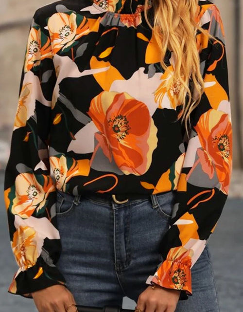 Load image into Gallery viewer, Floral Mock Neck Flounce Sleeve Blouse
