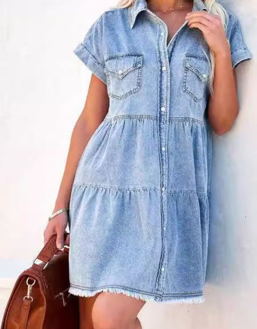 Load image into Gallery viewer, Raw Hem Button Down Denim Mini Dress
