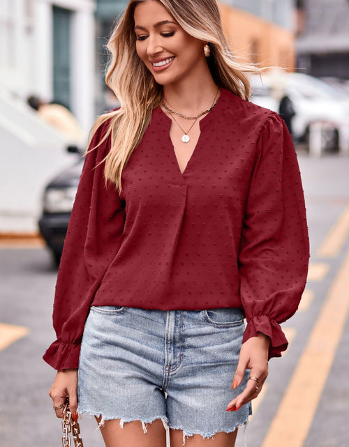 Load image into Gallery viewer, Swiss Dot Notched Neck Flounce Sleeve Blouse
