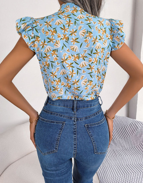 Load image into Gallery viewer, Floral Tie Neck Flutter Sleeve Blouse
