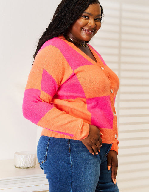 Load image into Gallery viewer, Angel Wings Woven Right Checkered V-Neck Dropped Shoulder Cardigan
