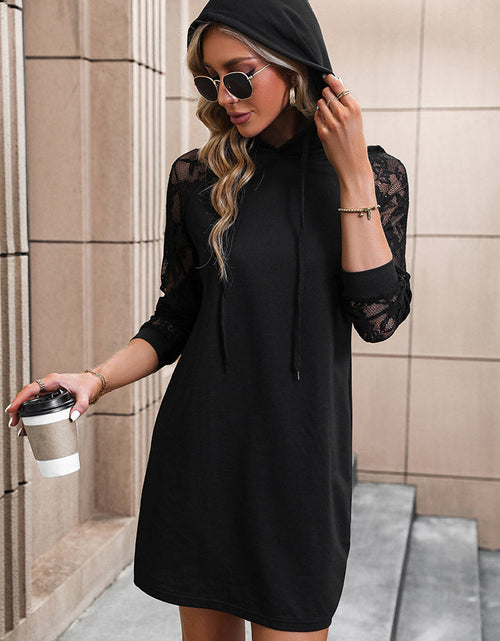 Load image into Gallery viewer, Perfee Lace Trim Long Sleeve Hooded Dress
