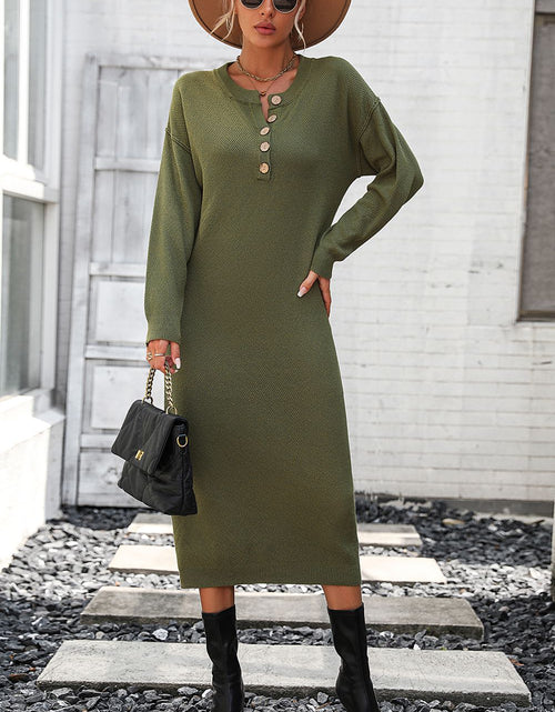 Load image into Gallery viewer, Notched Neck Dropped Shoulder Button-Down Midi Dress
