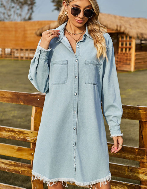 Load image into Gallery viewer, Button Up Collared Neck Raw Hem Denim Dress
