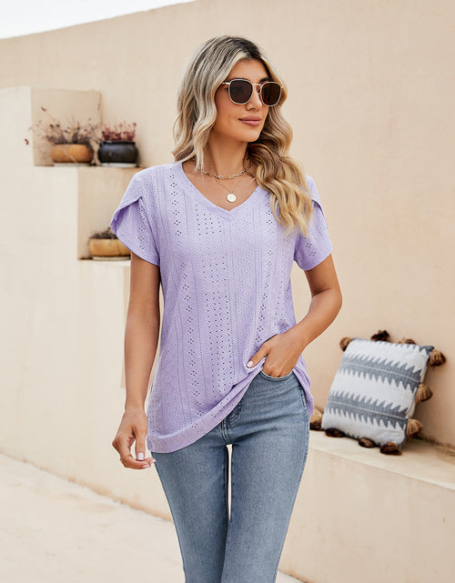 Load image into Gallery viewer, Eyelet Petal Sleeve V-Neck Knit Top
