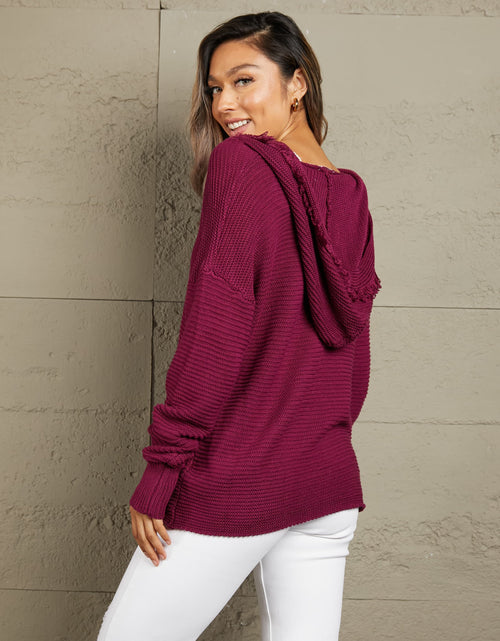 Load image into Gallery viewer, Woven Right Horizontal Ribbing Fringe Trim Hooded Sweater
