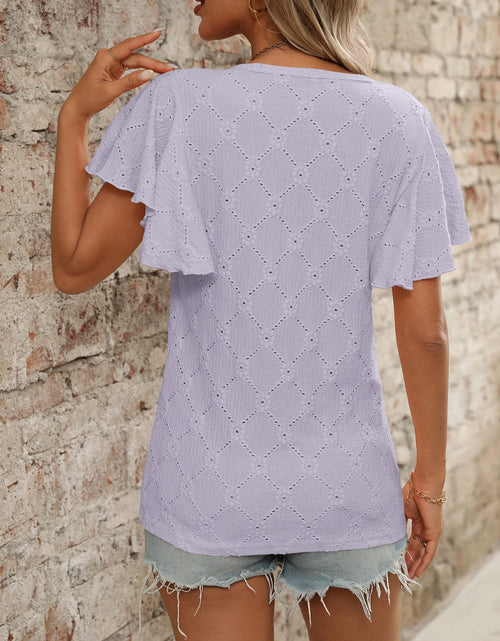 Load image into Gallery viewer, Eyelet Round Neck Flutter Sleeve Top
