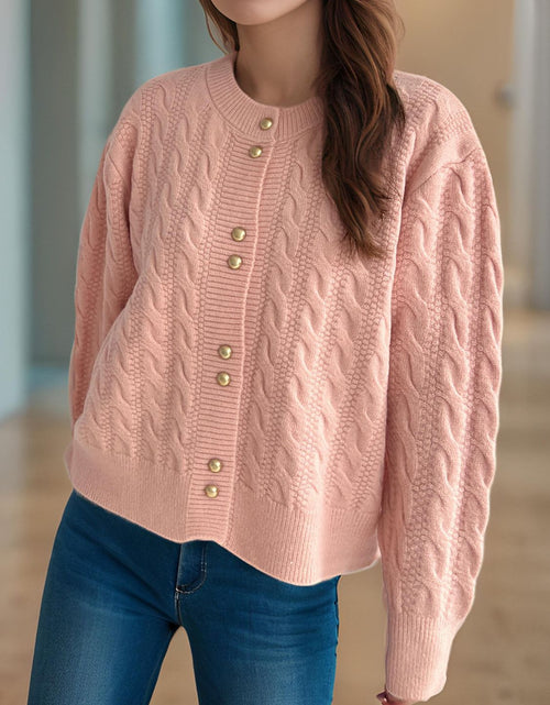 Load image into Gallery viewer, Cable-Knit Round Neck Long Sleeve Cardigan
