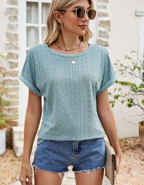 Load image into Gallery viewer, Full Size Round Neck Eyelet Short Sleeve Top
