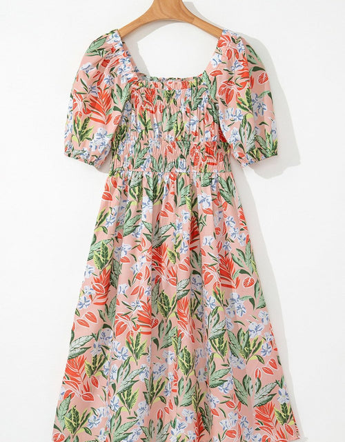 Load image into Gallery viewer, Floral Smocked Square Neck Puff Short Sleeve Midi Dress
