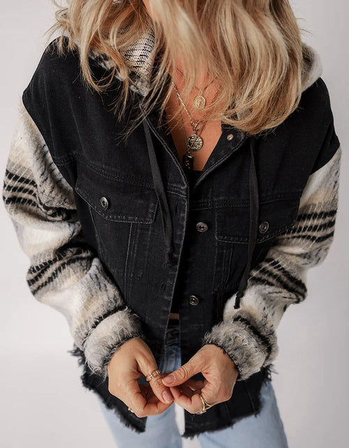 Load image into Gallery viewer, Drawstring Raw Hem Button Up Hooded Denim Jacket
