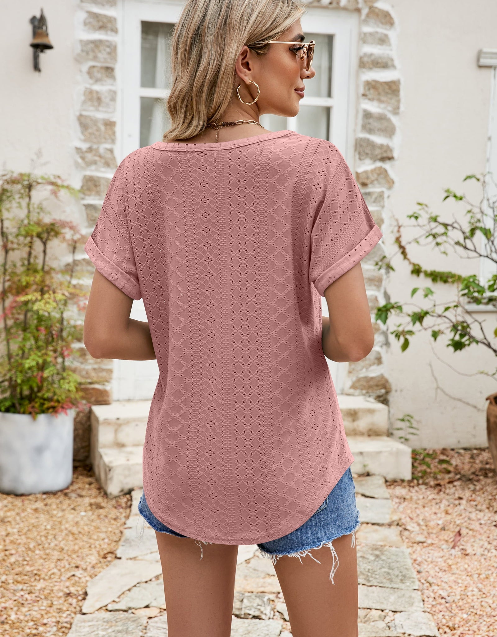 Full Size Round Neck Eyelet Short Sleeve Top