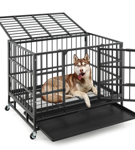 38 Inch Foldable Heavy-Duty Metal Dog Cage with Lockable Rolling Casters and Tray-38 inches