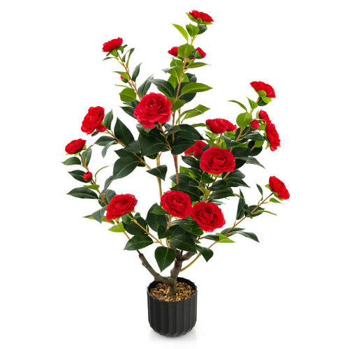 Load image into Gallery viewer, 38 Inch Artificial Camellia Tree Faux Flower Plant in Cement Pot-Red
