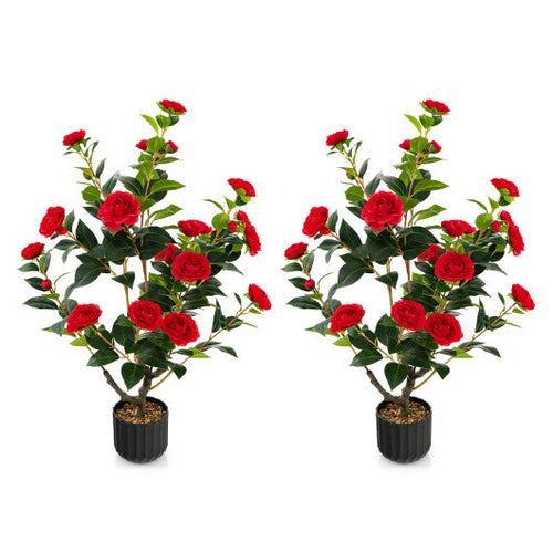 Load image into Gallery viewer, 38 Inch Artificial Camellia Tree Faux Flower Plant in Cement Pot 2 Pack-Red
