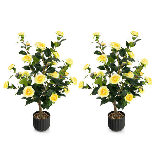 Load image into Gallery viewer, 38 Inch Artificial Camellia Tree Faux Flower Plant in Cement Pot 2 Pack-Yellow
