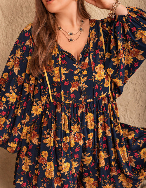 Load image into Gallery viewer, Plus Size Floral Tie Neck Balloon Sleeve Romper
