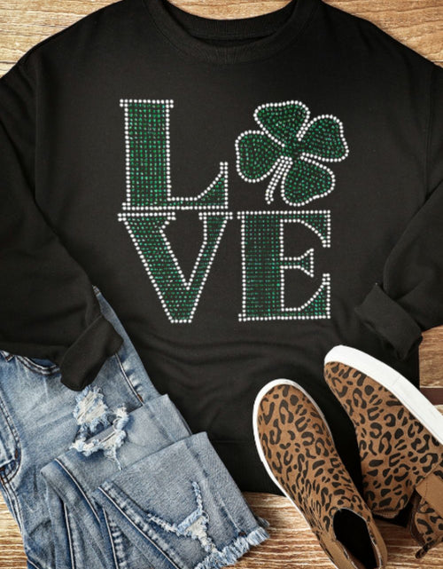 Load image into Gallery viewer, LOVE Rhinestone Clover Round Neck Sweatshirt

