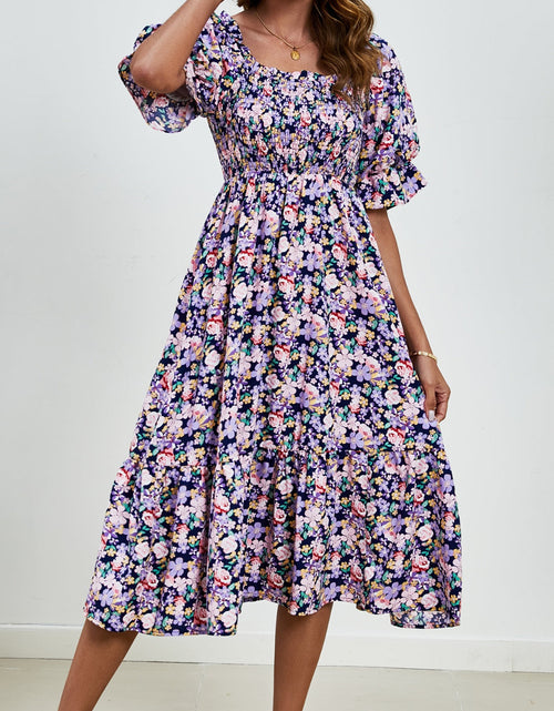 Load image into Gallery viewer, Smocked Floral Square Neck Short Sleeve Dress
