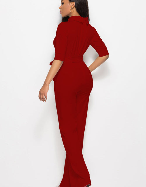 Load image into Gallery viewer, Mock Neck Tie-Waist Half Sleeve Jumpsuit
