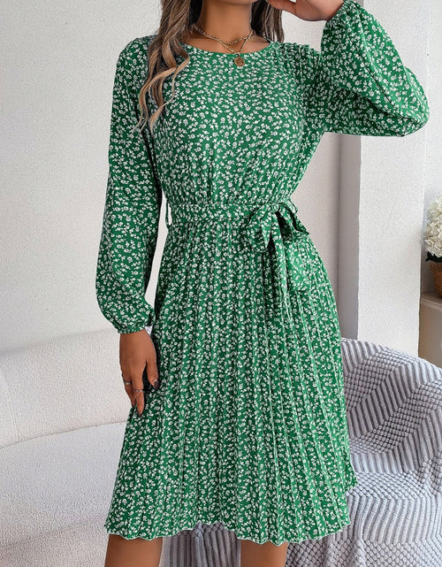 Load image into Gallery viewer, Ditsy Floral Tie Waist Pleated Dress
