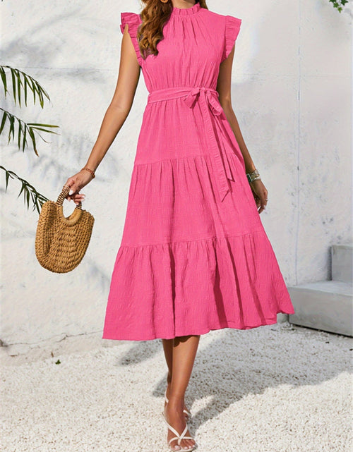 Load image into Gallery viewer, Frill Mock Neck Ruffled Cap Sleeve Midi Dress
