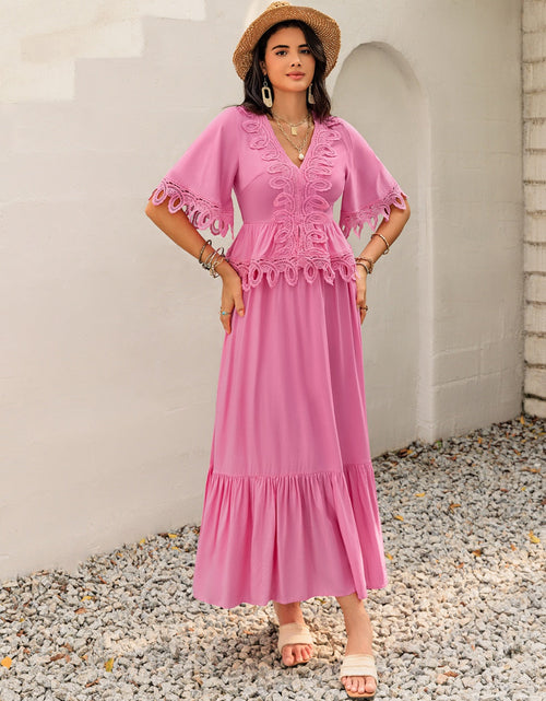 Load image into Gallery viewer, Lace Detail V-Neck Half Sleeve Midi Dress
