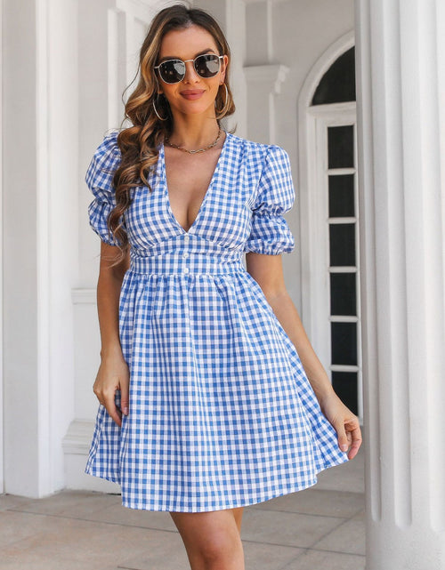 Load image into Gallery viewer, Decorative Button Plaid Short Sleeve Dress
