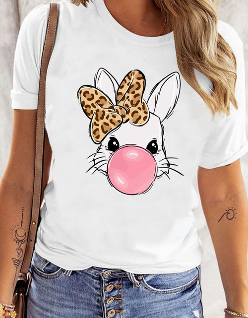 Load image into Gallery viewer, Leopard Bow Rabbit Graphic Round Neck Short Sleeve T-Shirt

