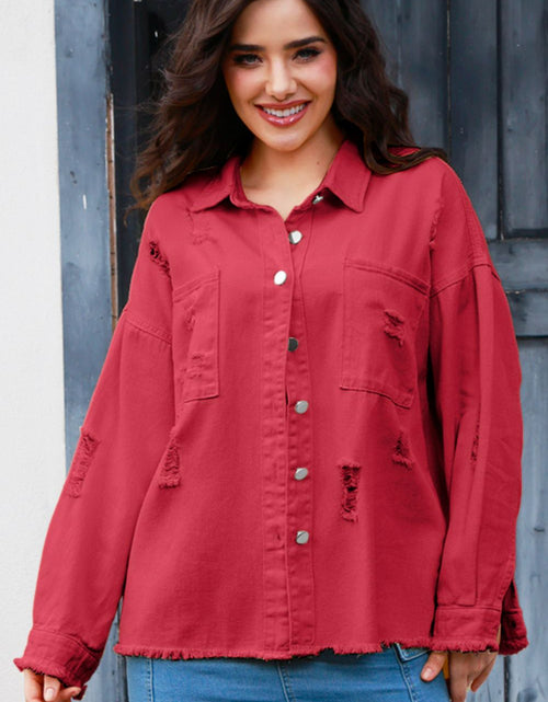 Load image into Gallery viewer, Distressed Button Up Raw Hem Denim Jacket
