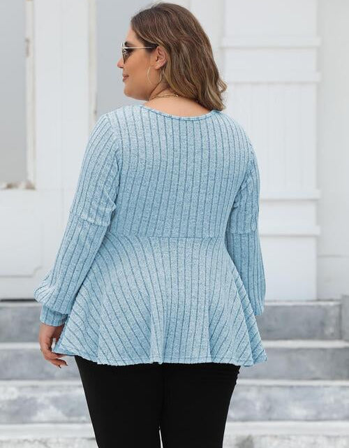 Load image into Gallery viewer, Plus Size Ribbed V-Neck Long Sleeve Blouse
