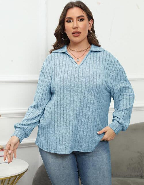 Load image into Gallery viewer, Plus Size Ribbed Collared Neck Long Sleeve Blouse
