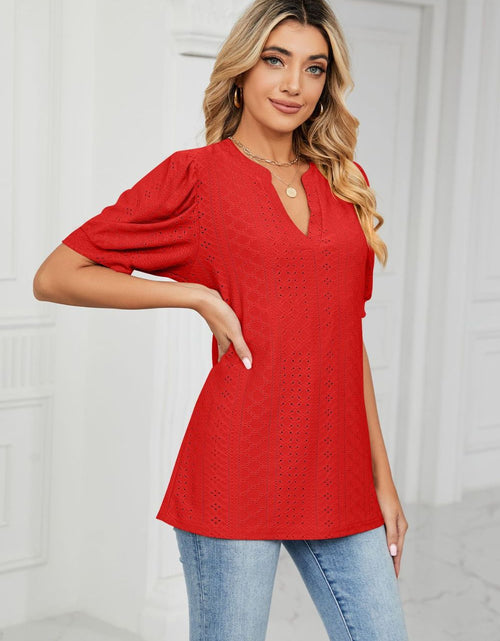 Load image into Gallery viewer, Eyelet Short Puff Sleeve Notched Neck Top
