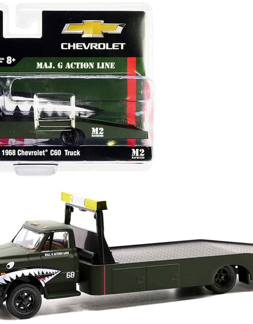 Load image into Gallery viewer, 1968 Chevrolet C60 Flatbed Truck #68 Matt Dark Green with Graphics "Maj. G Action Line" Limited Edition to 21120 pieces Worldwide 1/64 Diecast Model by M2 Machines
