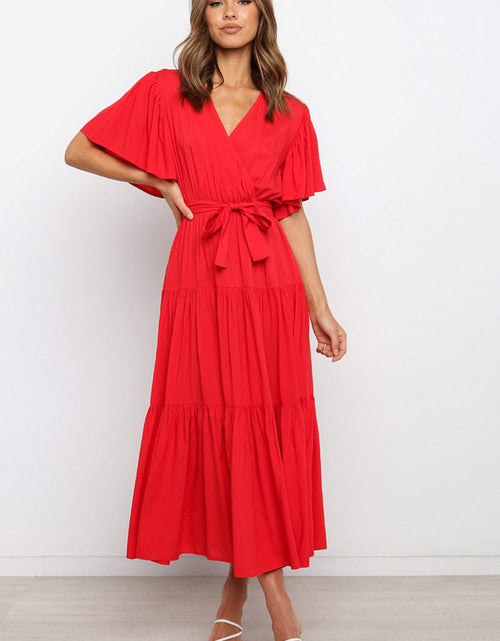Load image into Gallery viewer, Front Tie Short Sleeve Tiered Midi Dress
