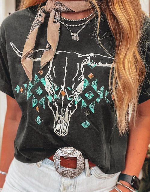 Load image into Gallery viewer, Bull Head Skull Round Neck Short Sleeve T Shirt
