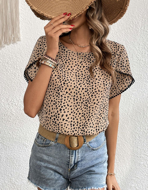 Load image into Gallery viewer, Perfee Printed Pom Pom Detail Petal Sleeve Round Neck Blouse
