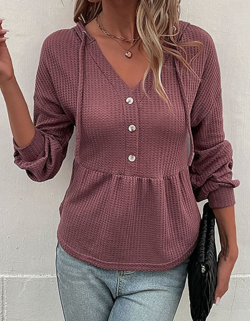 Load image into Gallery viewer, Perfee Waffle-Knit Buttoned Drop Shoulder Hoodie
