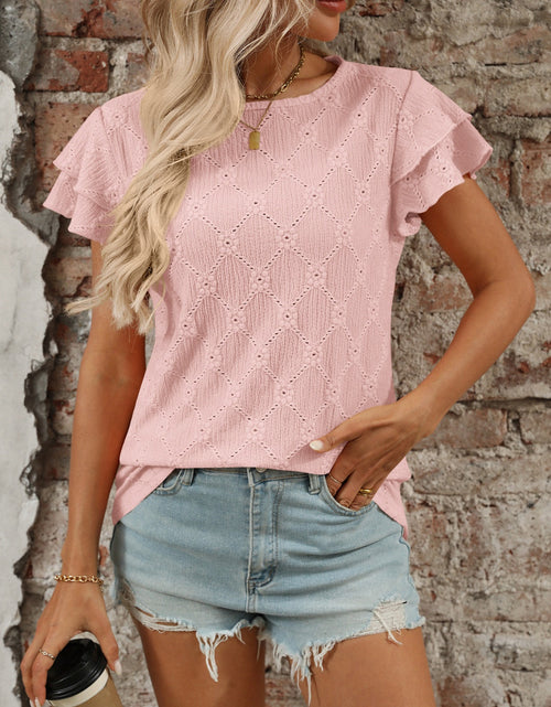 Load image into Gallery viewer, Eyelet Round Neck Double Layered Ruffled Short Sleeve Top
