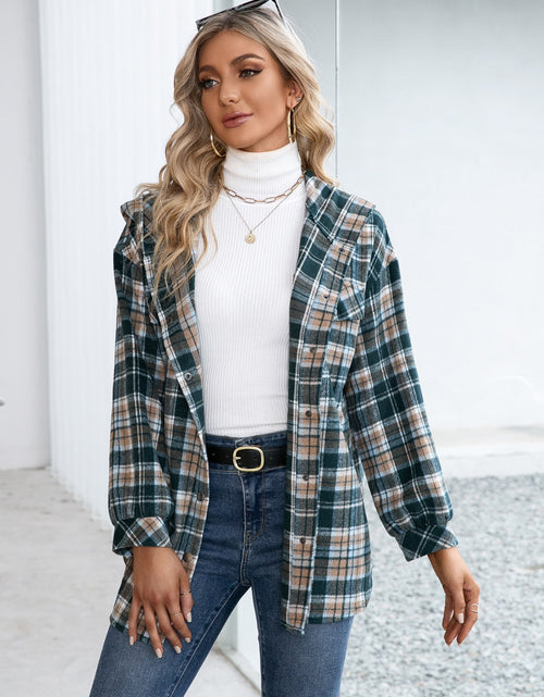 Load image into Gallery viewer, Ivy Lane Plaid Snap Down Hooded Jacket
