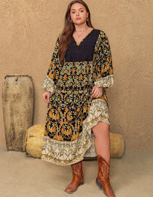 Load image into Gallery viewer, Plus Size Floral V-Neck Balloon Sleeve Midi Dress
